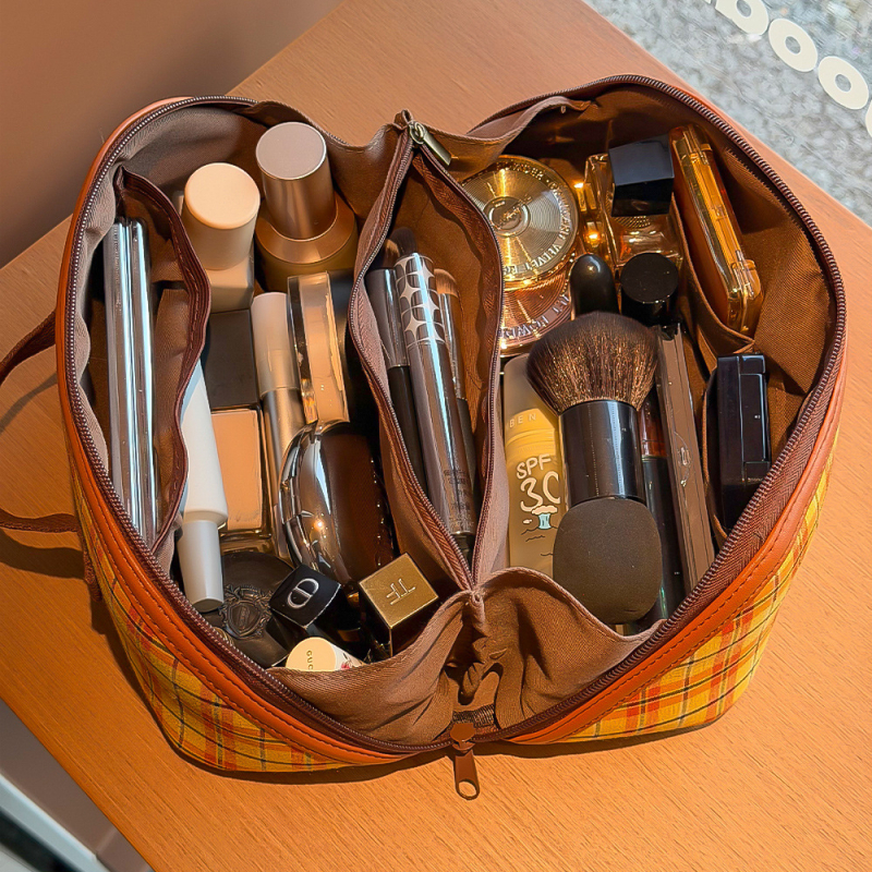 Geantă cosmetică retro în carouri, stil coreean, material textil, capacitate mare, închidere cu fermoar
