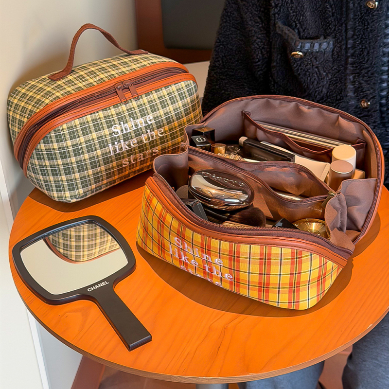 Geantă cosmetică retro în carouri, stil coreean, material textil, capacitate mare, închidere cu fermoar