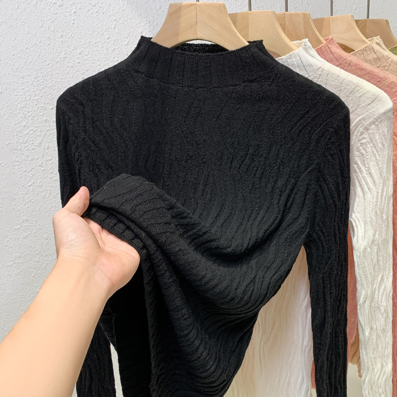 Ženski vuneni pleteni džemper – elegantan polu-visoki ovratnik, naglašena linija struka, dugi rukavi, tanko pletivo