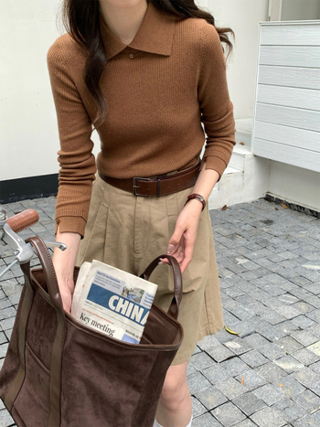 AI slim-fit gyapjú pulóver gallérral, hosszú ujjú, 100% gyapjú