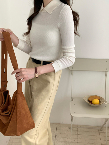 AI slim-fit gyapjú pulóver gallérral, hosszú ujjú, 100% gyapjú