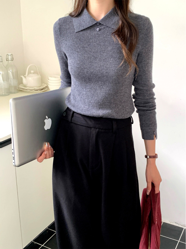 AI slim-fit gyapjú pulóver gallérral, hosszú ujjú, 100% gyapjú