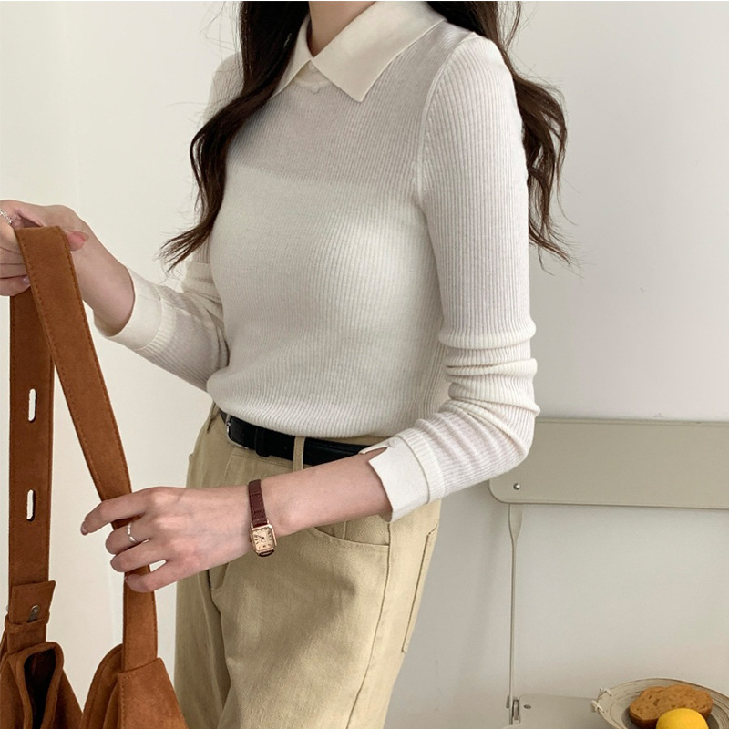 AI slim-fit gyapjú pulóver gallérral, hosszú ujjú, 100% gyapjú