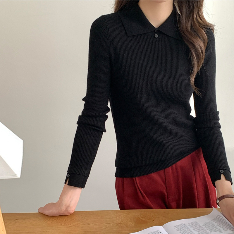 AI slim-fit gyapjú pulóver gallérral, hosszú ujjú, 100% gyapjú