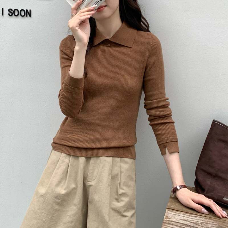 AI slim-fit gyapjú pulóver gallérral, hosszú ujjú, 100% gyapjú