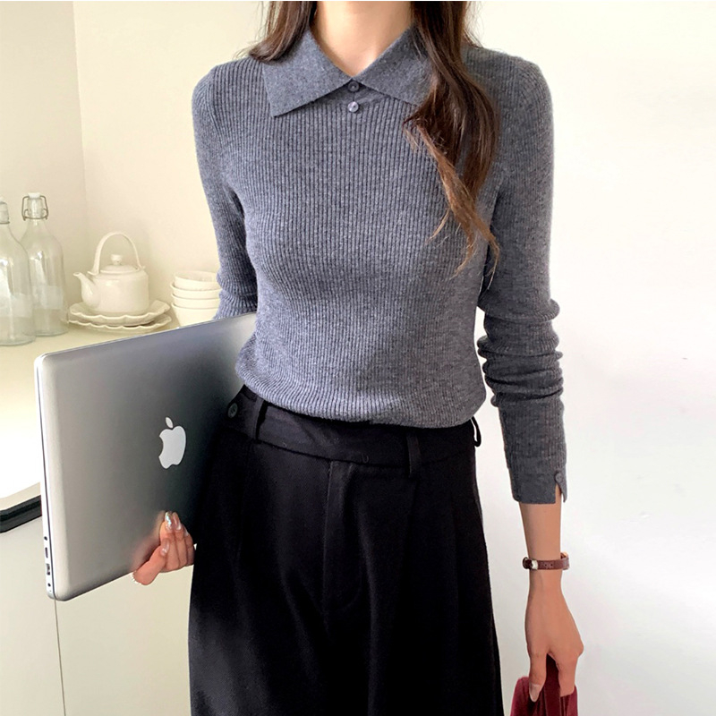 AI slim-fit gyapjú pulóver gallérral, hosszú ujjú, 100% gyapjú