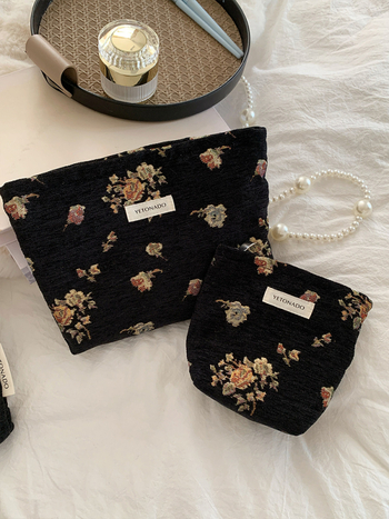 Sac de cosmetice cu floare din mătase auriu 3D, stil vintage, poliester cu căptușeală din pânză