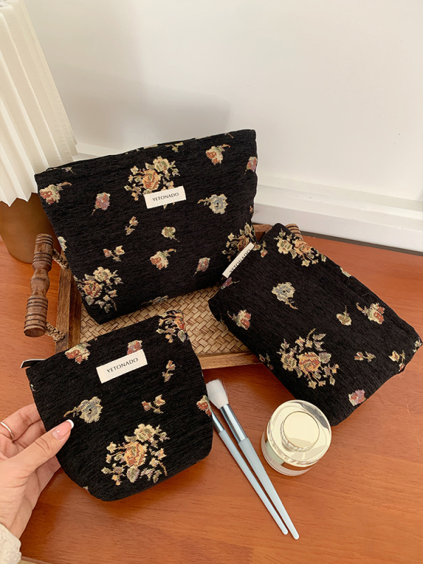 Sac de cosmetice cu floare din mătase auriu 3D, stil vintage, poliester cu căptușeală din pânză