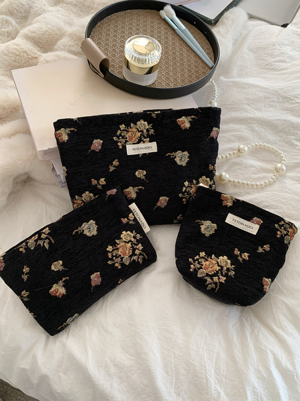 Sac de cosmetice cu floare din mătase auriu 3D, stil vintage, poliester cu căptușeală din pânză