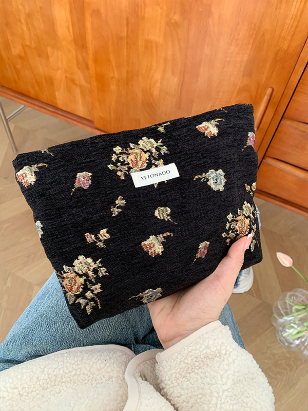 Sac de cosmetice cu floare din mătase auriu 3D, stil vintage, poliester cu căptușeală din pânză