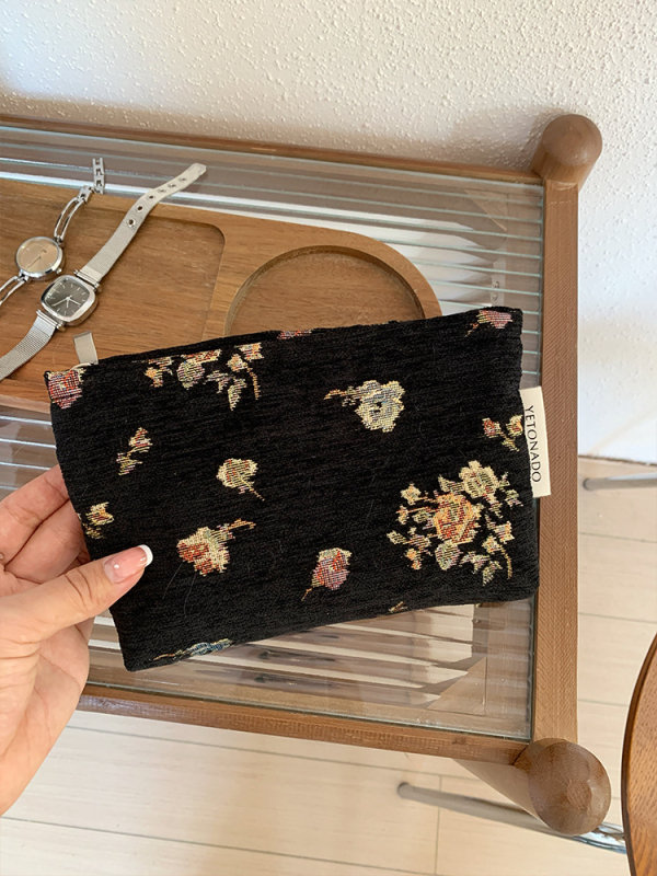 Sac de cosmetice cu floare din mătase auriu 3D, stil vintage, poliester cu căptușeală din pânză