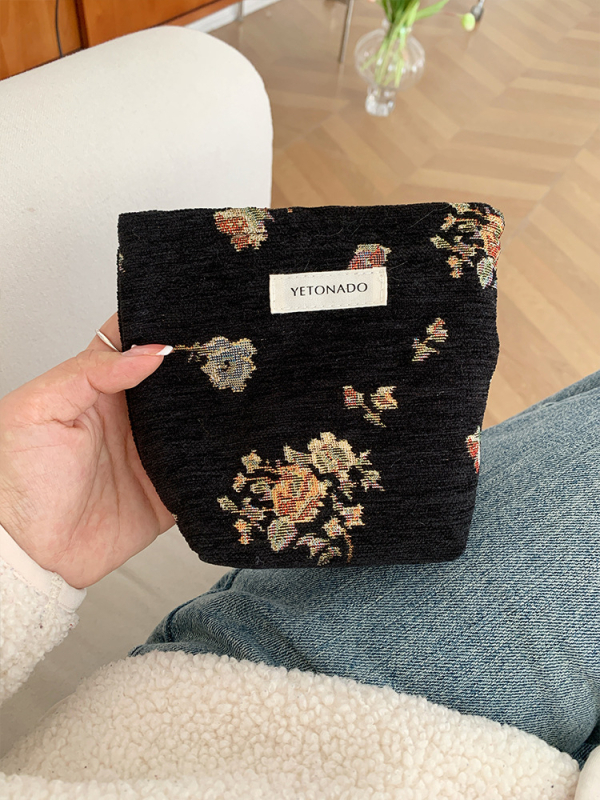 Sac de cosmetice cu floare din mătase auriu 3D, stil vintage, poliester cu căptușeală din pânză