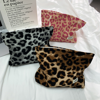 Geantă de machiaj Leopard Print, corduroy, stil coreean, organizator cosmetic, pliabil, căptușeală din pânză