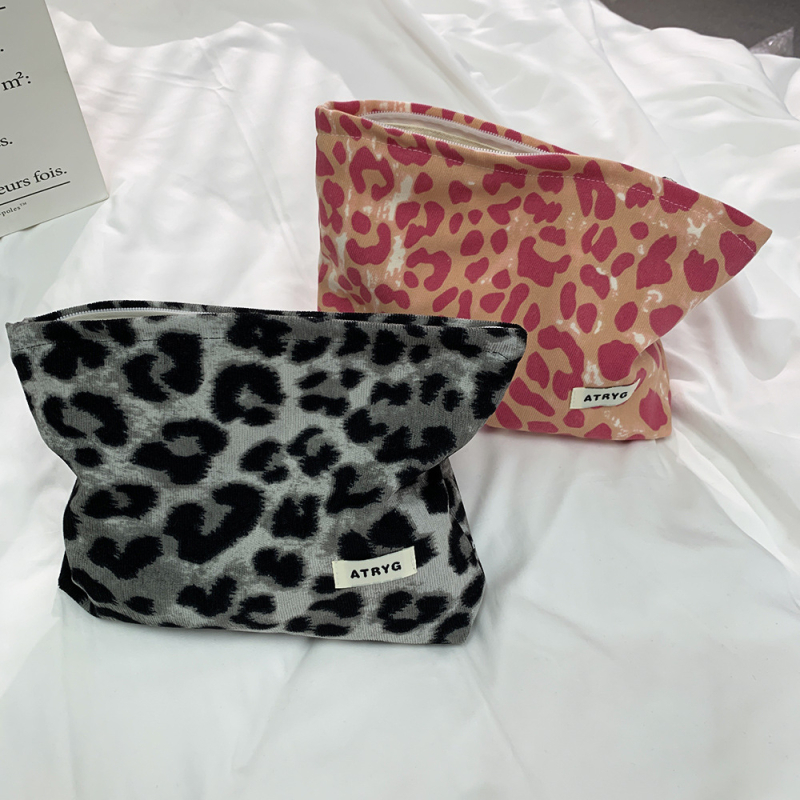 Geantă de machiaj Leopard Print, corduroy, stil coreean, organizator cosmetic, pliabil, căptușeală din pânză