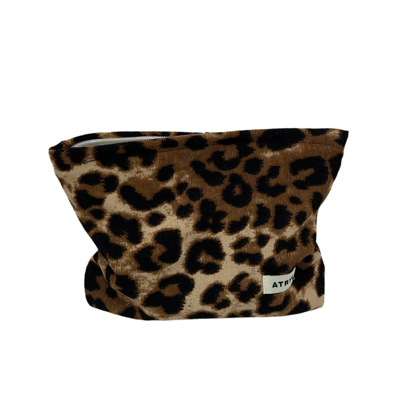 Geantă de machiaj Leopard Print, corduroy, stil coreean, organizator cosmetic, pliabil, căptușeală din pânză
