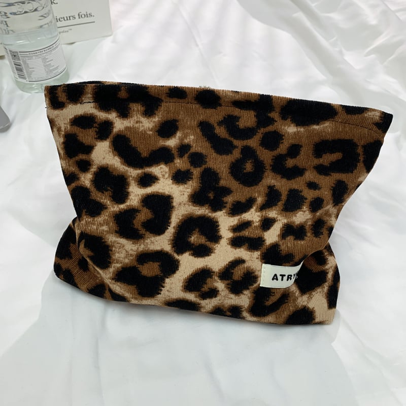 Geantă de machiaj Leopard Print, corduroy, stil coreean, organizator cosmetic, pliabil, căptușeală din pânză