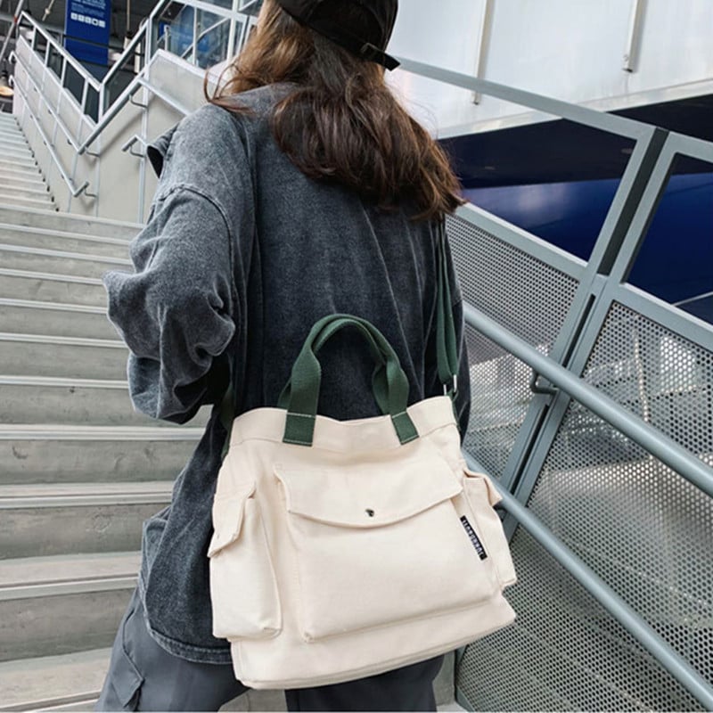 Чанта Tote от платно със стил малък квадрат, хоризонтална форма, магнитно закопчаване и открит джоб