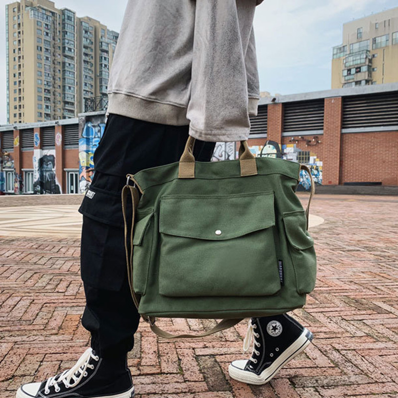 Чанта Tote от платно със стил малък квадрат, хоризонтална форма, магнитно закопчаване и открит джоб