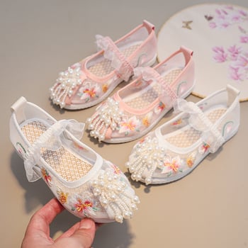 Pantofi pentru fete în stil etnic, cu plasă brodată pe partea superioară, închidere cu elastic, branț din in, talpă din cauciuc