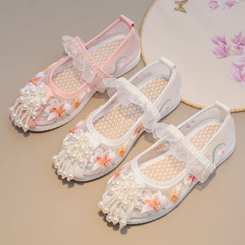 Pantofi pentru fete în stil etnic, cu plasă brodată pe partea superioară, închidere cu elastic, branț din in, talpă din cauciuc