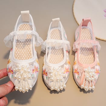 Pantofi pentru fete în stil etnic, cu plasă brodată pe partea superioară, închidere cu elastic, branț din in, talpă din cauciuc