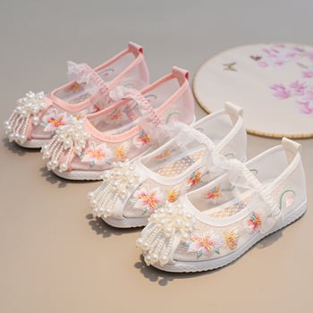 Pantofi pentru fete în stil etnic, cu plasă brodată pe partea superioară, închidere cu elastic, branț din in, talpă din cauciuc