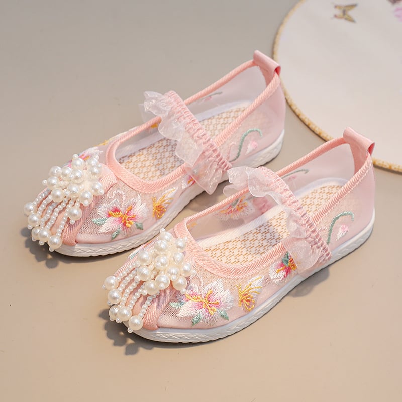 Pantofi pentru fete în stil etnic, cu plasă brodată pe partea superioară, închidere cu elastic, branț din in, talpă din cauciuc