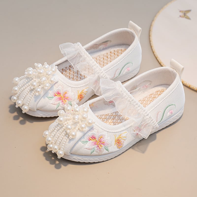 Pantofi pentru fete în stil etnic, cu plasă brodată pe partea superioară, închidere cu elastic, branț din in, talpă din cauciuc