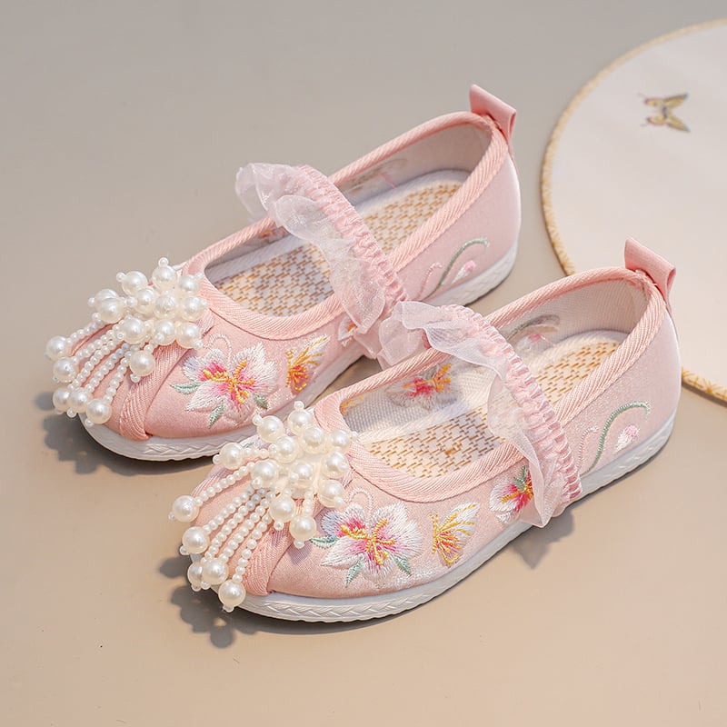 Pantofi pentru fete în stil etnic, cu plasă brodată pe partea superioară, închidere cu elastic, branț din in, talpă din cauciuc