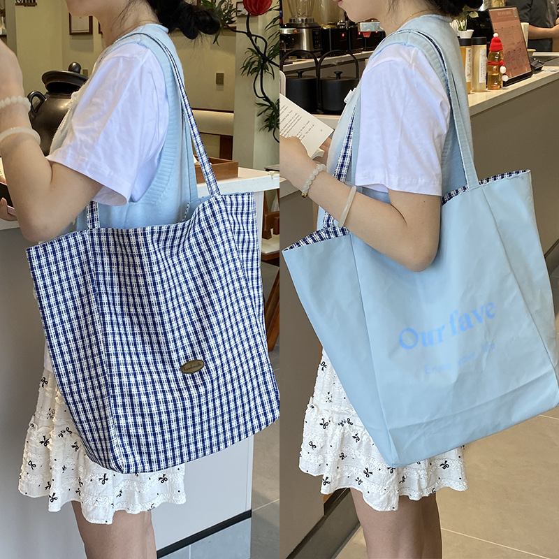 Nylon tote torba, obostrani karirani uzorak, unisex, otvoreni vrh
