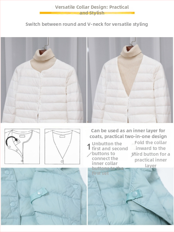 Dámska péřová bunda, štíhla línia, materiál: nylon, výplň: biele kačacie perie, obsah peria 50%, golier typu wood-ear edge