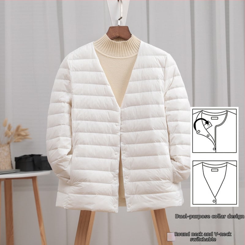 Dámska péřová bunda, štíhla línia, materiál: nylon, výplň: biele kačacie perie, obsah peria 50%, golier typu wood-ear edge