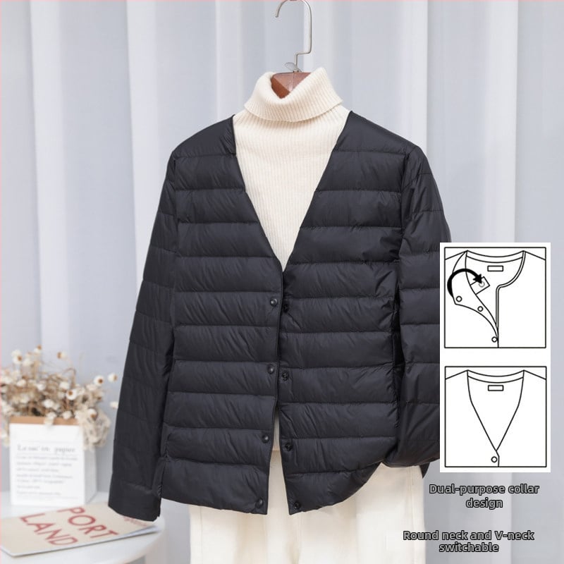 Dámska péřová bunda, štíhla línia, materiál: nylon, výplň: biele kačacie perie, obsah peria 50%, golier typu wood-ear edge