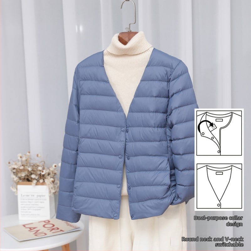 Dámska péřová bunda, štíhla línia, materiál: nylon, výplň: biele kačacie perie, obsah peria 50%, golier typu wood-ear edge