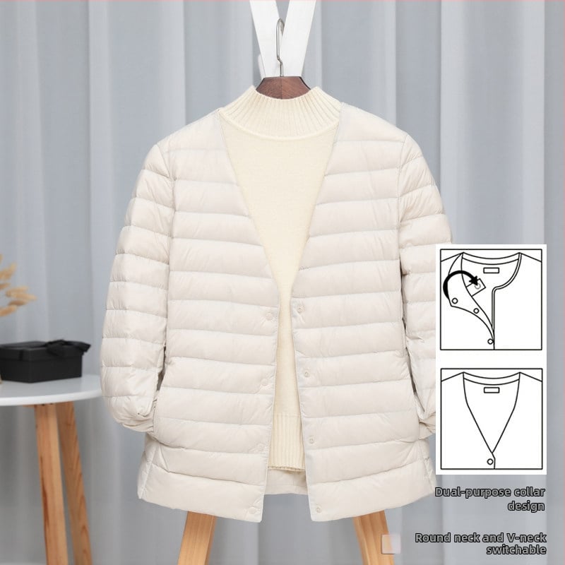 Dámska péřová bunda, štíhla línia, materiál: nylon, výplň: biele kačacie perie, obsah peria 50%, golier typu wood-ear edge