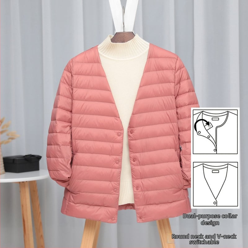 Dámska péřová bunda, štíhla línia, materiál: nylon, výplň: biele kačacie perie, obsah peria 50%, golier typu wood-ear edge