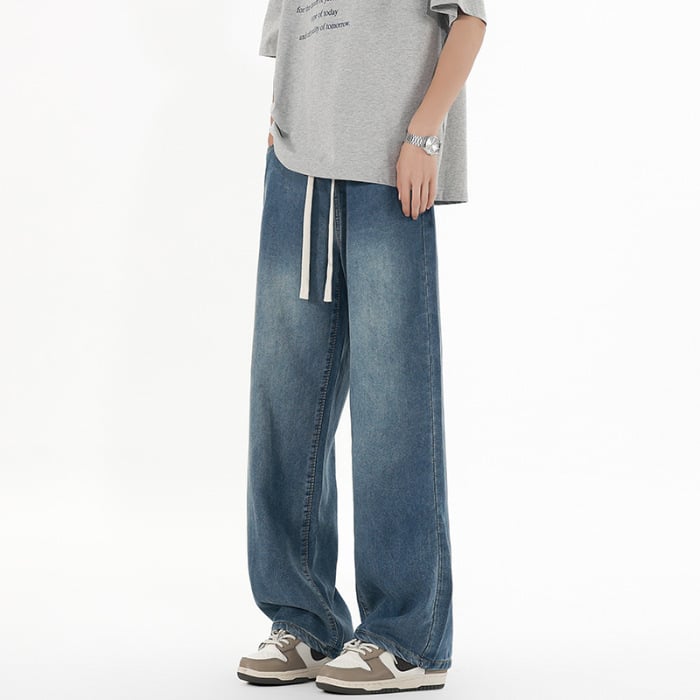 Blugi, stil coreean, croială dreaptă, talie joasă, fermoar, desen manual