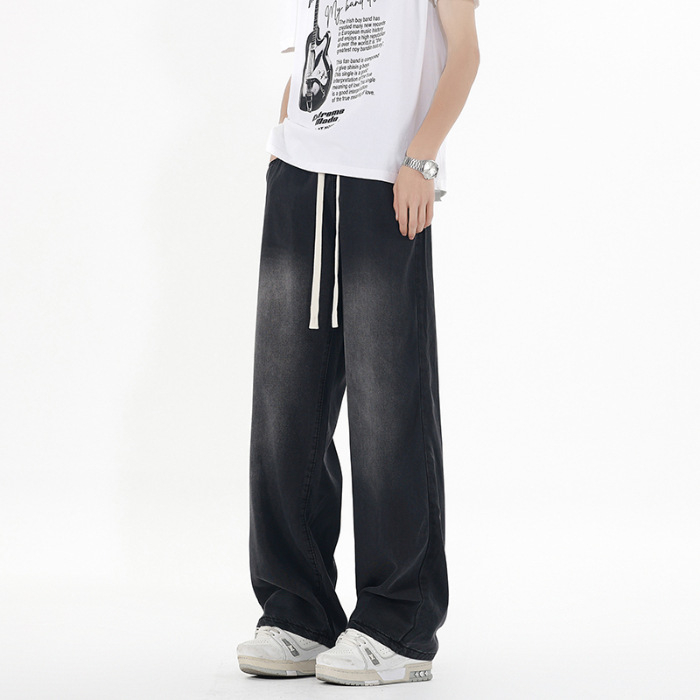 Blugi, stil coreean, croială dreaptă, talie joasă, fermoar, desen manual