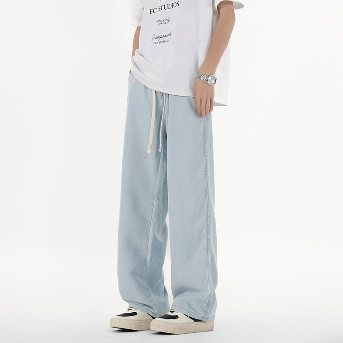 Blugi, stil coreean, croială dreaptă, talie joasă, fermoar, desen manual