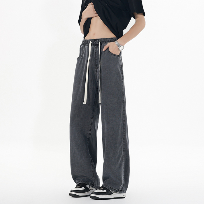 Blugi, stil coreean, croială dreaptă, talie joasă, fermoar, desen manual