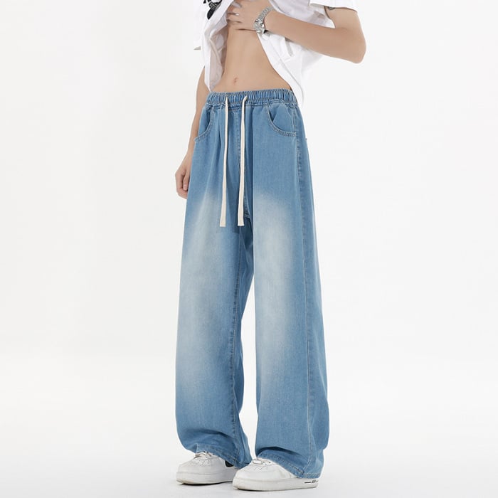 Blugi, stil coreean, croială dreaptă, talie joasă, fermoar, desen manual