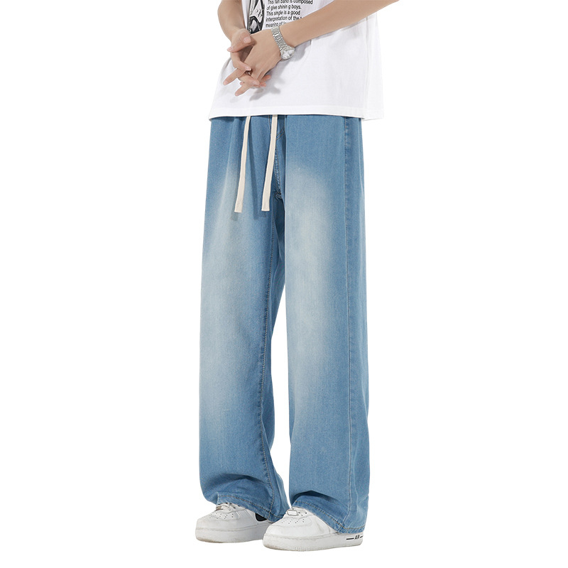 Blugi, stil coreean, croială dreaptă, talie joasă, fermoar, desen manual