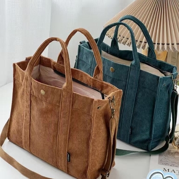 Corduroy Tote torba, gradski stil, zatvarač, poliester podstava, džep za mobitel
