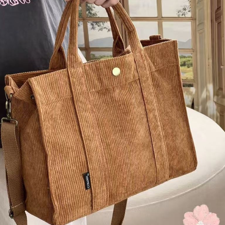 Corduroy Tote torba, gradski stil, zatvarač, poliester podstava, džep za mobitel