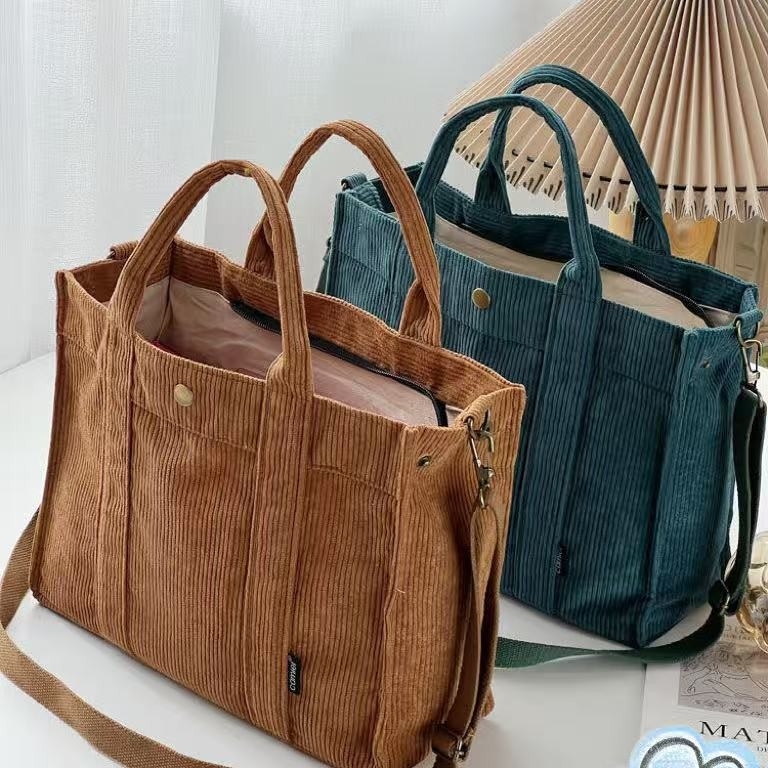 Corduroy Tote torba, gradski stil, zatvarač, poliester podstava, džep za mobitel