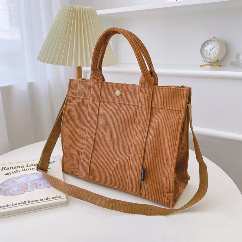 Corduroy Tote torba, gradski stil, zatvarač, poliester podstava, džep za mobitel