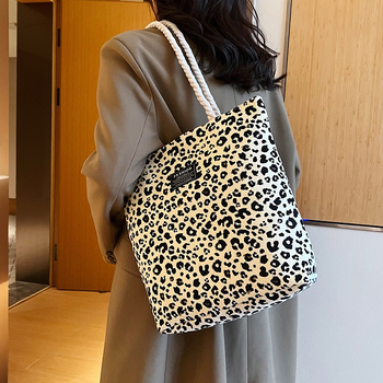 Platnena torba s leopard printom – ženska torba za rame u bucket stilu, uspravni kvadratni oblik, zatvarač, unutarnja džep sa zatvaračem (bucket stil, uspravni kvadratni oblik, zatvarač, unutarnja džep sa zatvaračem)
