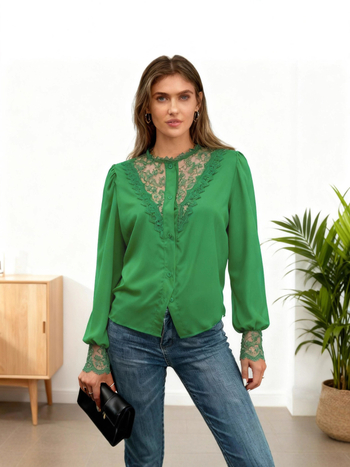 Čipková košeľa s lampovými rukávmi, okrúhly výstrih, polyester 95%+, vzor rastlín a kvetov, casual top