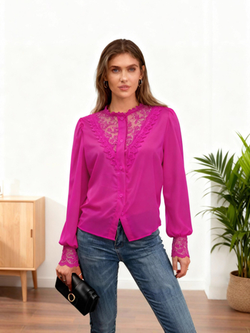 Čipková košeľa s lampovými rukávmi, okrúhly výstrih, polyester 95%+, vzor rastlín a kvetov, casual top