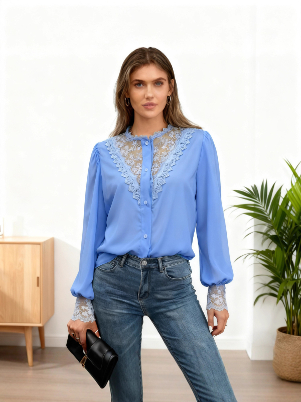 Čipková košeľa s lampovými rukávmi, okrúhly výstrih, polyester 95%+, vzor rastlín a kvetov, casual top